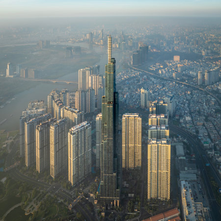 December 17, 2023: Panorama of District 1, Ho Chi Minh City, Vietnam in the early morning