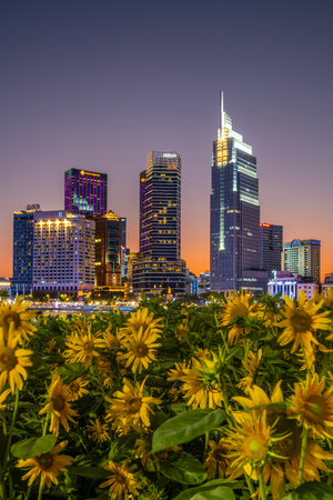 February 19, 2024: sunset in District 1, Ho Chi Minh City, Vietnam