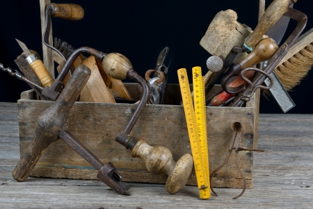 a box of old tools for woodworkingの写真素材