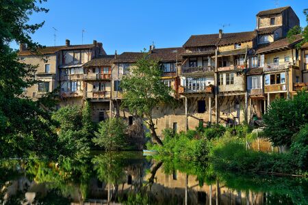 facades of old house on water, France, Casseneuilの写真素材