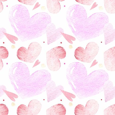 Seamless pattern with hearts on white background Watercolor illustration. Valentines dayの写真素材