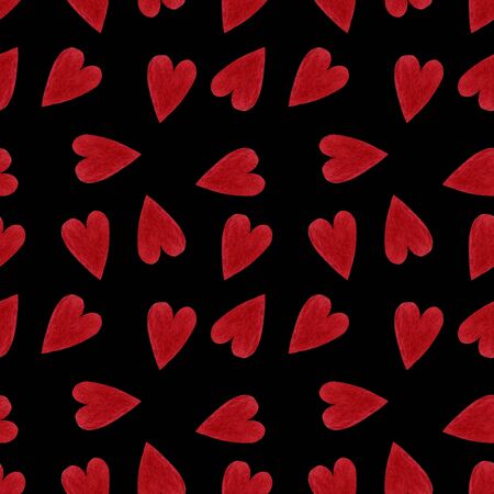 Seamless pattern with hearts on black background Watercolor illustration. Valentines day