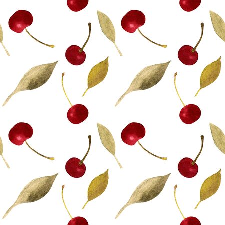 Seamless pattern with cherry and leaves Watercolor illustrationの写真素材
