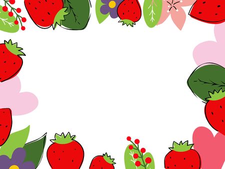 Vector illustration with frame of strawberries and herbsのイラスト素材