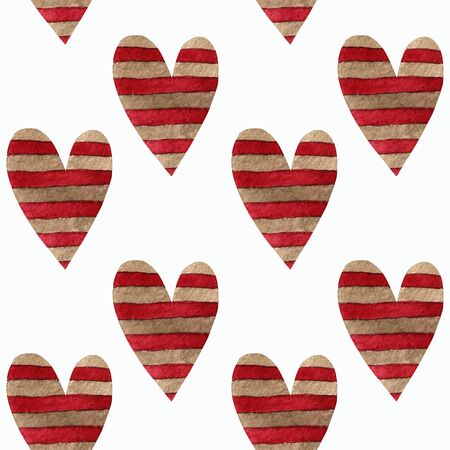 Seamless pattern with hearts on white background Watercolor illustration. Valentines day