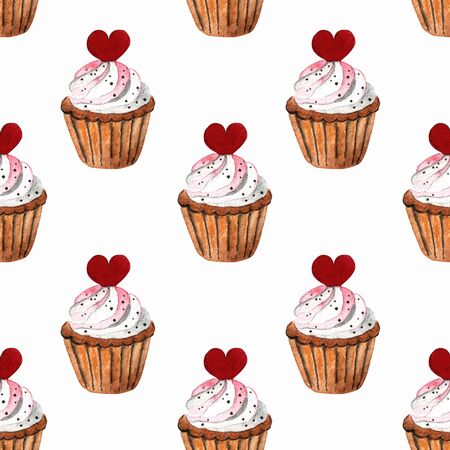 Seamless pattern with capcakes, hearts on white background Watercolor illustrationの写真素材