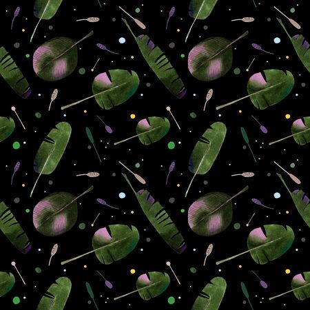 Seamless pattern with tropical leaves on black background Hand draw illustration.の写真素材