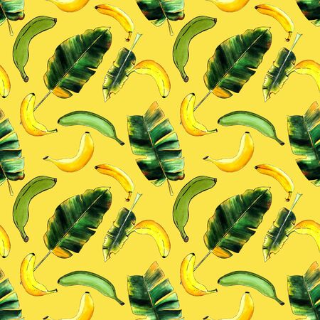 Seamless pattern with banana and leaves on yellow background. Hand drawn. Marker illustration.の写真素材