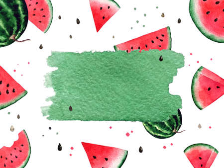 Watercolor watermelon illustration. Template with watermelon and seeds on white background.の写真素材