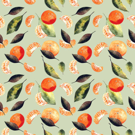 Watercolor seamless pattern with mandarins and leavesの写真素材