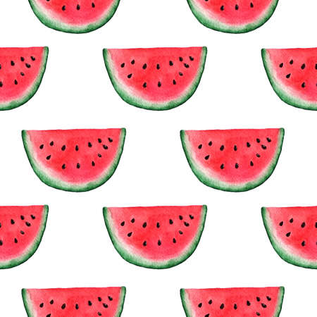 Seamless pattern with watermelon on white background. Watercolor illustration.