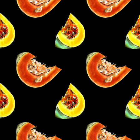 Seamless pattern with piece of pumpkin on black background. Hand draw illustration.の写真素材