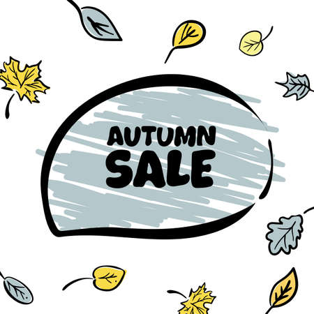 Autumn sale lettering with speach bubble and fall leaves. Background on a theme of autumn. Vector illustrationのイラスト素材