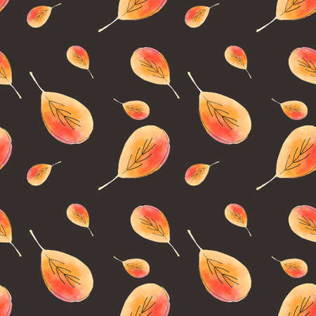 Seamless pattern with red and yellow leaves on brownの写真素材