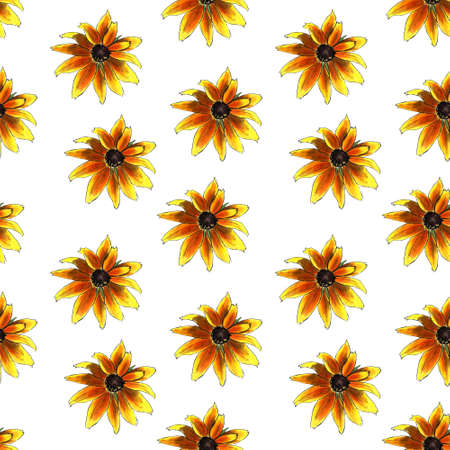 Seamless pattern with yellow flowers on white background. Hadn drawn illustration.の写真素材