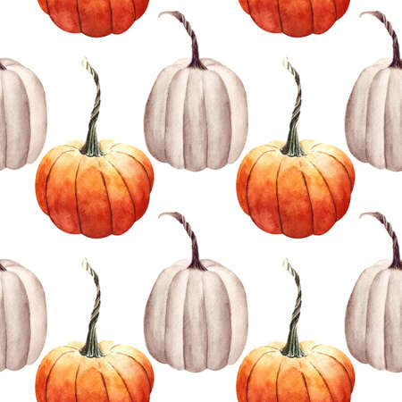 Seamless pattern with pumkins on white background. Watercolor illustration.の写真素材