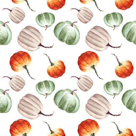 Seamless pattern with pumkins on white background. Watercolor illustration.の写真素材