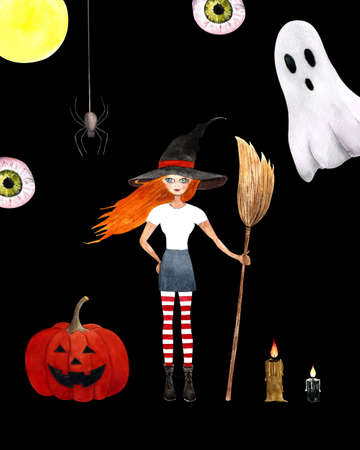 Halloween illustration with witch, broom, pumpkin, spider on black background.の写真素材