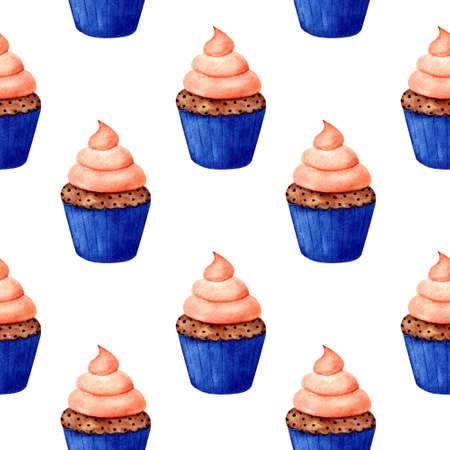 Seamless pattern with cupcake on white background. Watercolor illustrationの写真素材