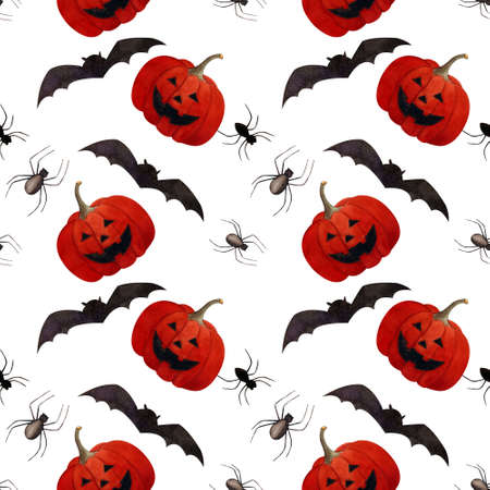 Hallowen seamless pattern with flying bats, pumpkin and spiders on white background. Watercolor illustrationの写真素材