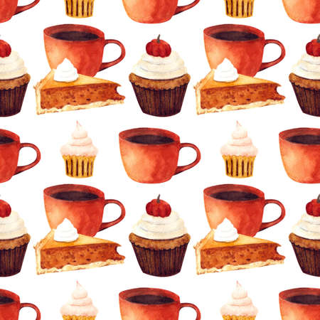 Seamless pattern with cup and cupcake on white background. Watercolor illustrationの写真素材