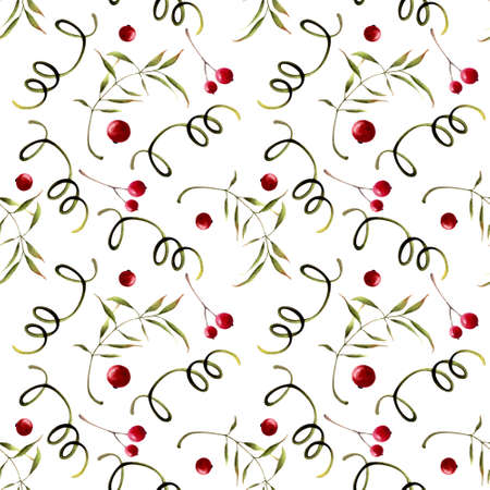 Seamless pattern with herbs, leaves and berries on white background. Hadn drawn illustration.