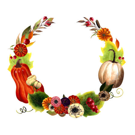Autumn wreath with pumpkins, flowers, leaves, herbs, berries on white background. Hand drawn Illustrationの写真素材