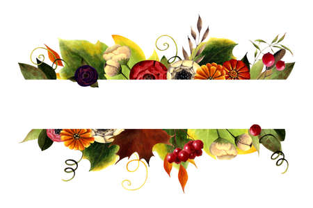 Autumn frame with flowers, leaves, berries on white background. Hand drawn illustration.の写真素材