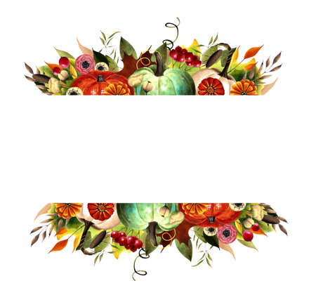 Autumn frame with flowers, leaves, berries on white background. Hand drawn illustration.の写真素材