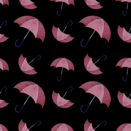 Seamless pattern with umbellas on black background. Watercolor illustrationの写真素材