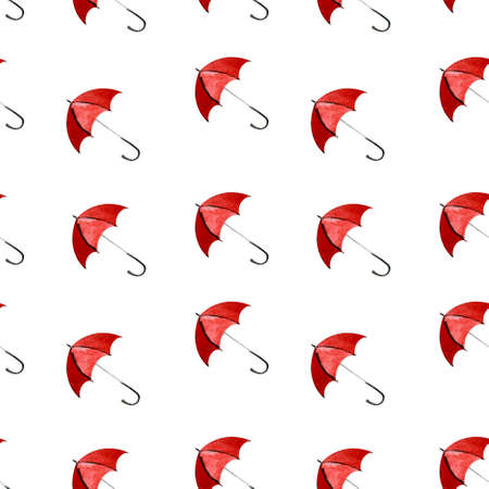 Seamless pattern with red umbellas on white background. Watercolor illustrationの写真素材