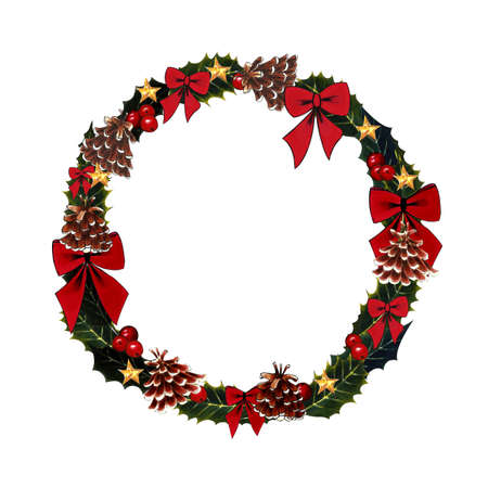 Christmas wreath with holly leaves, berry and bow on a white background. Hand drawn illustrationの写真素材