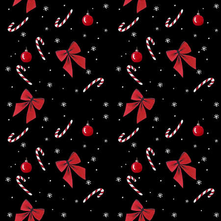 Seamless pattern with red bow,snowflakes and candy on black background. Drawing markersの写真素材