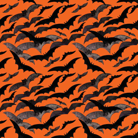 Hallowen seamless pattern with flying bats. Background for print, fabric and printing, wrapping paper. Watercolorの写真素材