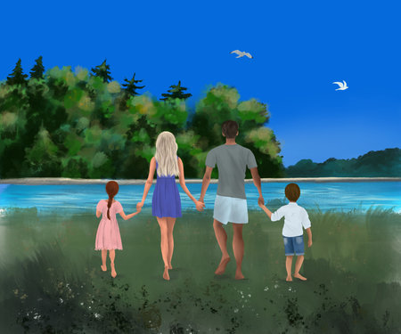 A family of four walks hand in hand towards a peaceful lake, surrounded by lush greenery. The bright blue sky and calm water create a serene and harmonious atmosphere.の写真素材