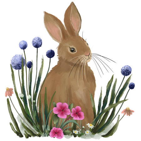 Cute Brown Bunny with Wildflowers Illustrationの写真素材