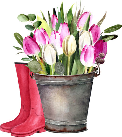 Watercolor illustration of spring flowers in red rubber bootsの写真素材