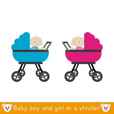 Boy and girl in a stroller on white background.のイラスト素材