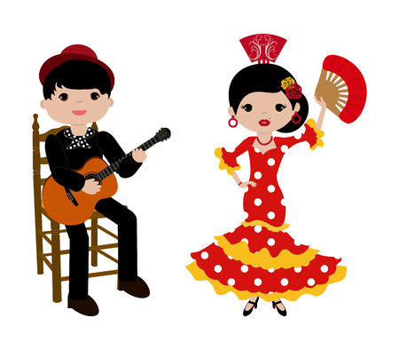 Flamenca with red dress and guitarist manのイラスト素材