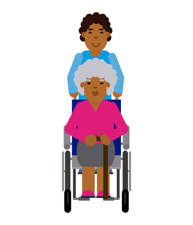 African man taking care of an elderly woman in a wheelchairのイラスト素材