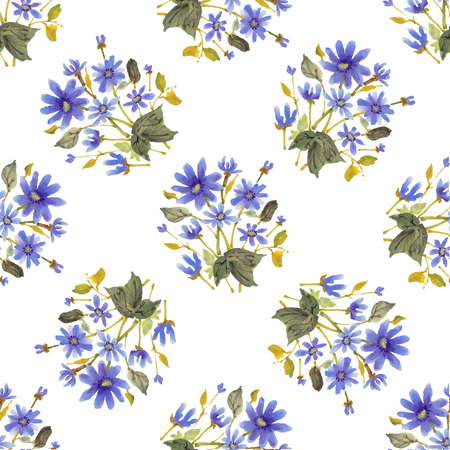 Seamless pattern with watercolor flowers.  Blue flowers on a white background.  Vector illustration.のイラスト素材