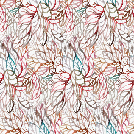Seamless pattern with watercolor leaves. Contour drawing on watercolor paper.の写真素材
