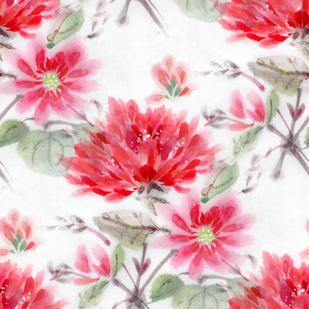 Seamless pattern with watercolor flowers. Red flowers on a white background.の写真素材