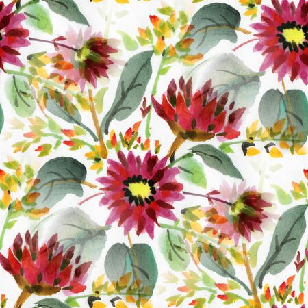 Seamless pattern with watercolor flowers. Red and orange flowers on a white background.の写真素材