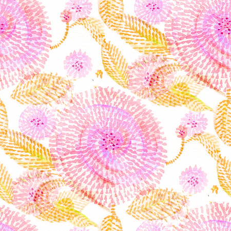 Seamless pattern with watercolor flowers in doodle style.の写真素材