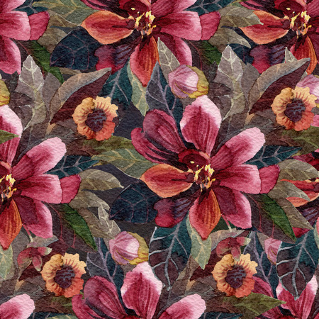 Seamless pattern with watercolor flowers.  Red flowers on a dark background.の写真素材
