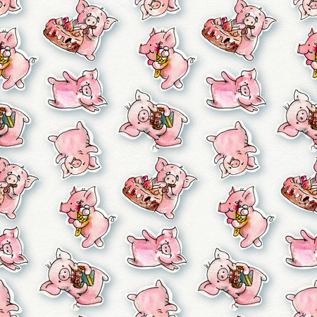 Seamless pattern with  cartoon  pig. Drawing ink and watercolor.の写真素材