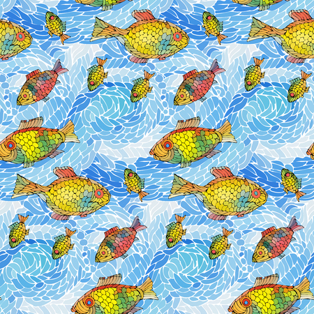 Seamless pattern of waves and fish.Vector illustration.のイラスト素材