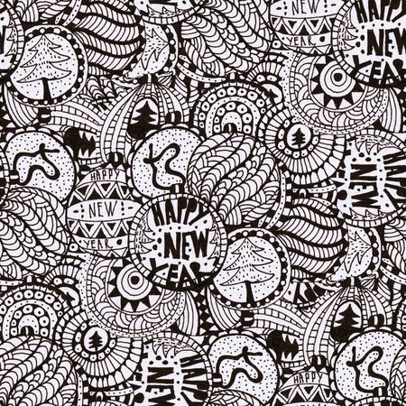 Seamless  pattern in doodle style. New Year background. Black and white drawing ink.の写真素材