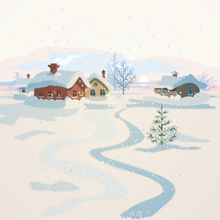Christmas card in retro style. Winter landscape with a small village at sunset. Vector illustration.のイラスト素材